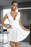 Robe de cocktail courte blanche à col en V A Line