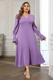 Violet Col V Manches Longues Uni Midi Moulante Robe de Bal