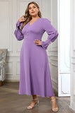 Violet Col V Manches Longues Uni Midi Moulante Robe de Bal