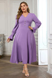 Violet Col V Manches Longues Uni Midi Moulante Robe de Bal