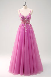 Robe de soirée longue appliquée violet trapèze scintillant avec fente