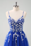 Robe de bal longue corset à bretelles spaghetti bleu royal scintillant