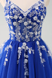 Robe de bal longue corset à bretelles spaghetti bleu royal scintillant