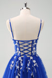 Robe de bal longue corset à bretelles spaghetti bleu royal scintillant