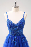 Robe de bal longue corset à bretelles spaghetti bleu royal scintillant