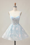 Bleu clair scintillant A ligne spaghetti bretelles Corset Longue robe de bal