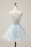 Bleu clair scintillant A ligne spaghetti bretelles Corset Longue robe de bal