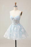 Bleu clair scintillant A ligne spaghetti bretelles Corset Longue robe de bal