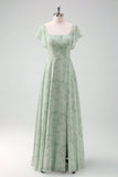 Robe de demoiselle d’honneur florale imprimée gris vert avec fente