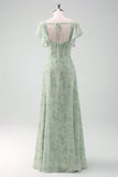 Robe de demoiselle d’honneur florale imprimée gris vert avec fente