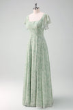 Robe de demoiselle d’honneur florale imprimée gris vert avec fente