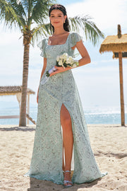 Robe de demoiselle d’honneur florale imprimée gris vert avec fente