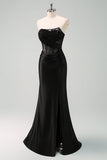 Robe de bal longue corset froncé sirène sans bretelles noire