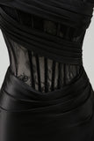 Robe de bal longue corset froncé sirène sans bretelles noire