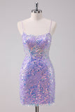 Robe de cocktail courte moulante à sequins scintillante lilas