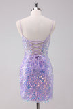 Robe de cocktail courte moulante à sequins scintillante lilas