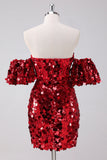 Robe moulante à paillettes rouges avec manches amovibles