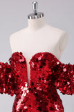 Robe moulante à paillettes rouges avec manches amovibles