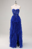 Robe de bal longue en tulle à volants à sequins bleu royal scintillant avec fente