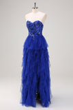 Robe de bal longue en tulle à volants à sequins bleu royal scintillant avec fente