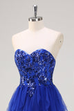 Robe de bal longue en tulle à volants à sequins bleu royal scintillant avec fente