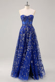 Bleu royal une ligne sans bretelles appliques corset robe longue de bal avec fente