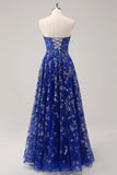 Bleu royal une ligne sans bretelles appliques corset robe longue de bal avec fente
