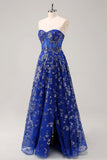 Bleu royal une ligne sans bretelles appliques corset robe longue de bal avec fente