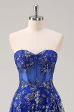 Bleu royal une ligne sans bretelles appliques corset robe longue de bal avec fente