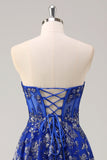 Bleu royal une ligne sans bretelles appliques corset robe longue de bal avec fente