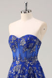 Bleu royal une ligne sans bretelles appliques corset robe longue de bal avec fente