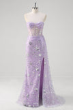 Robe de bal sans bretelles corset sirène violet clair à sequins avec fente