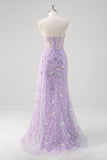 Robe de bal sans bretelles corset sirène violet clair à sequins avec fente