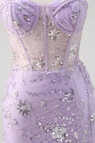 Robe de bal sans bretelles corset sirène violet clair à sequins avec fente