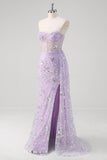 Robe de bal sans bretelles corset sirène violet clair à sequins avec fente