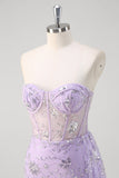 Robe de bal sans bretelles corset sirène violet clair à sequins avec fente