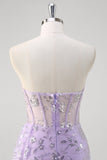 Robe de bal sans bretelles corset sirène violet clair à sequins avec fente