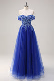 Robe de soirée à appliques scintillantes en tulle trapèze bleu royal à épaules dénudées avec perles