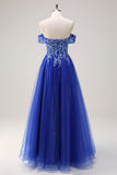 Robe de soirée à appliques scintillantes en tulle trapèze bleu royal à épaules dénudées avec perles