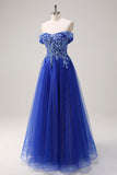 Robe de soirée à appliques scintillantes en tulle trapèze bleu royal à épaules dénudées avec perles