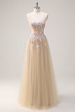 Robe de bal en tulle champagne a-ligne à paillettes florales avec appliques