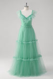 Robe de demoiselle d’honneur en tulle à plusieurs niveaux à col en V vert