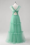 Robe de demoiselle d’honneur en tulle à plusieurs niveaux à col en V vert