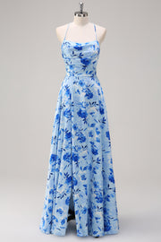 Robe longue de demoiselle d’honneur à bretelles spaghetti florales bleues A-ligne avec fente