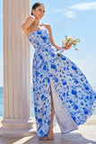 Robe longue de demoiselle d’honneur à bretelles spaghetti florales bleues avec fente