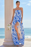 Robe longue de demoiselle d’honneur à bretelles spaghetti florales bleues avec fente