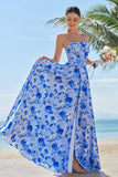 Robe longue de demoiselle d’honneur à bretelles spaghetti florales bleues avec fente