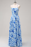 Robe longue de demoiselle d’honneur à bretelles spaghetti florales bleues A-ligne avec fente