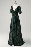 Vert foncé Une ligne V-Neck Burnout Velvet Floral Longue Robe de demoiselle d’honneur