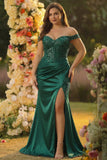 Robe de bal longue en satin grande taille satin vert foncé sirène vert foncé avec fente
